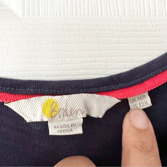 Boden Faye Navy Blue Ruffle Trim Multi Colored Polka Dot T Shirt Dress 12R J0900 - Picture 11 of 13